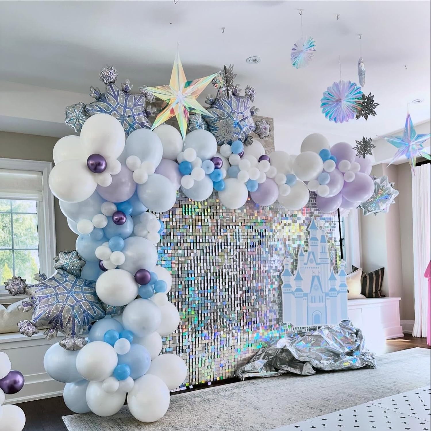 Blue Purple Balloon Arch, 120 Pcs Snowflake Balloon Garland, Metallic Retro Purple White Clear Snow Blue Star Foil Balloons For Birthday Winter Christmas Party Decoration