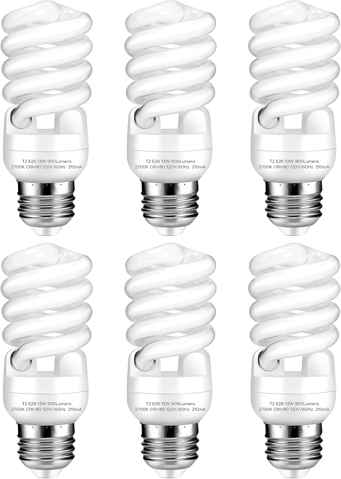 E26 13W CFL Light Bulbs T2 Spiral 2700K Soft White 900 Lumens 60W Equivalent 6 Pack
