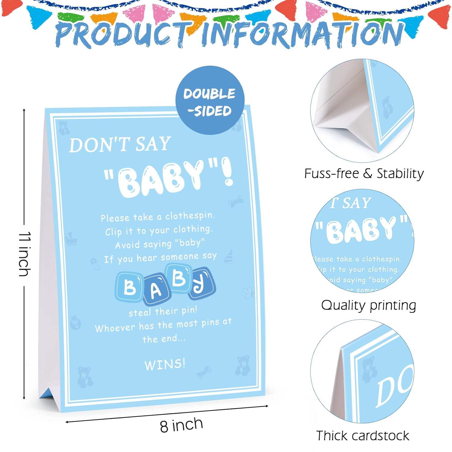 Don'T Say Baby Game, Baby Shower Games Boy, 1 Sign And 60 Blue Mini Clothespins, Shower Game Decorations Ideas, Gender Reveal Party Favors
