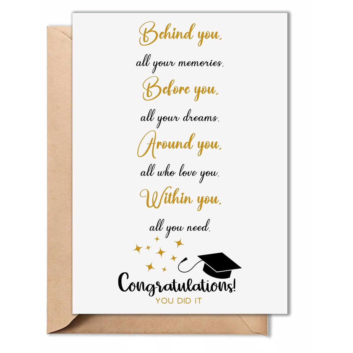 Graduation Card For Him Her, Inspirational Graduation Gift For High School & College Grad, Behind You Before You Around You Within You Message – 5"X7" Folded Card With Envelope & Sticker