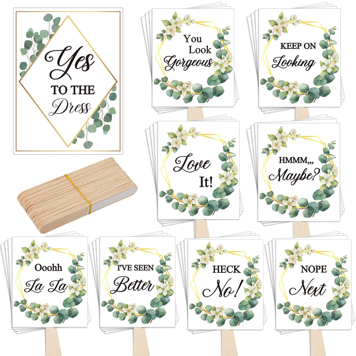 Set Of 33 Say Yes To The Dress Signs Wedding Shopping Props Signs Paddles For Bridesmaids And Brides Bachelorette Party Games (Eucalyptus)