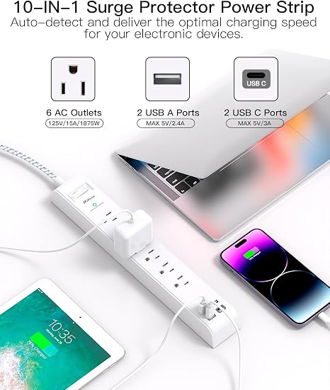 Surge Protector Power Strip 10FT Flat Plug Extension Cord with 6 Outlets 4 USB Ports 2 USB C 1080J