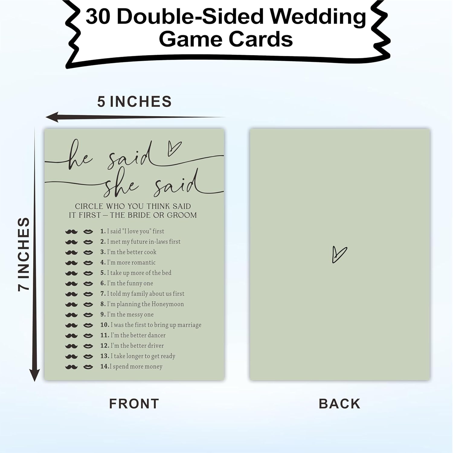 Minimalism He Said She Said Game Cards For Wedding Party, Moss Green Bridal Shower, Mr & Mrs, Newlyweds, Engagement Party Favor & Supplies(30 Pcs) -C05
