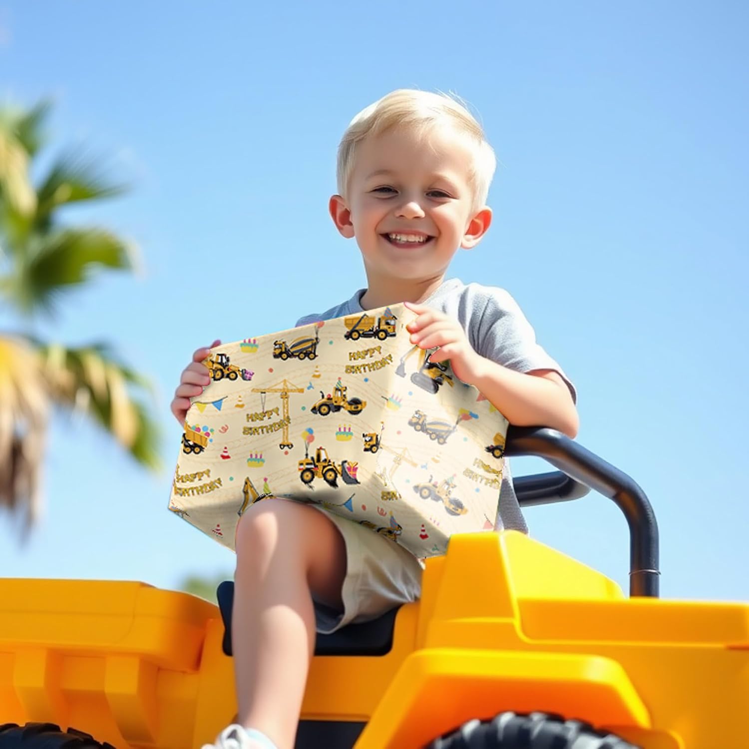 Construction Wrapping Paper For Boys – Yellow Mixer Truck Crane Balloon Gift Wrap For Birthday Party - 4 Folded Sheets 28 X 40 Inch, Easy To Store