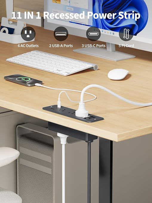 Recessed Power Strip 6 Outlets 5 USB Ports 3 USB C 5FT Flat Plug 900J Surge Black