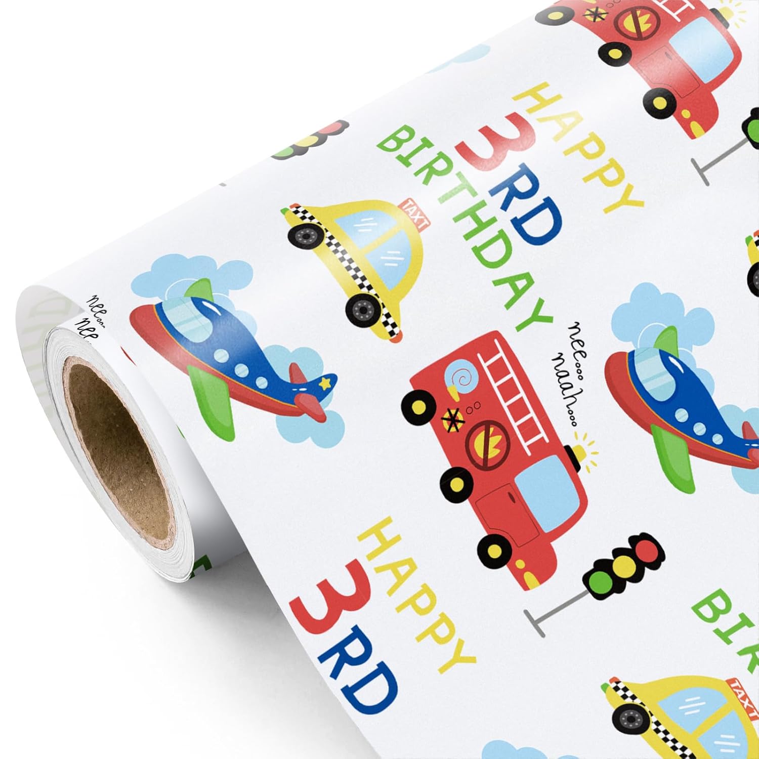 Transport 3Rd Birthday Wrapping Paper - Mini Roll - 17 Inch X 16.5 Feet - Vehicles Cars Wrapping Paper For Kid Boys Birthday, Baby Shower