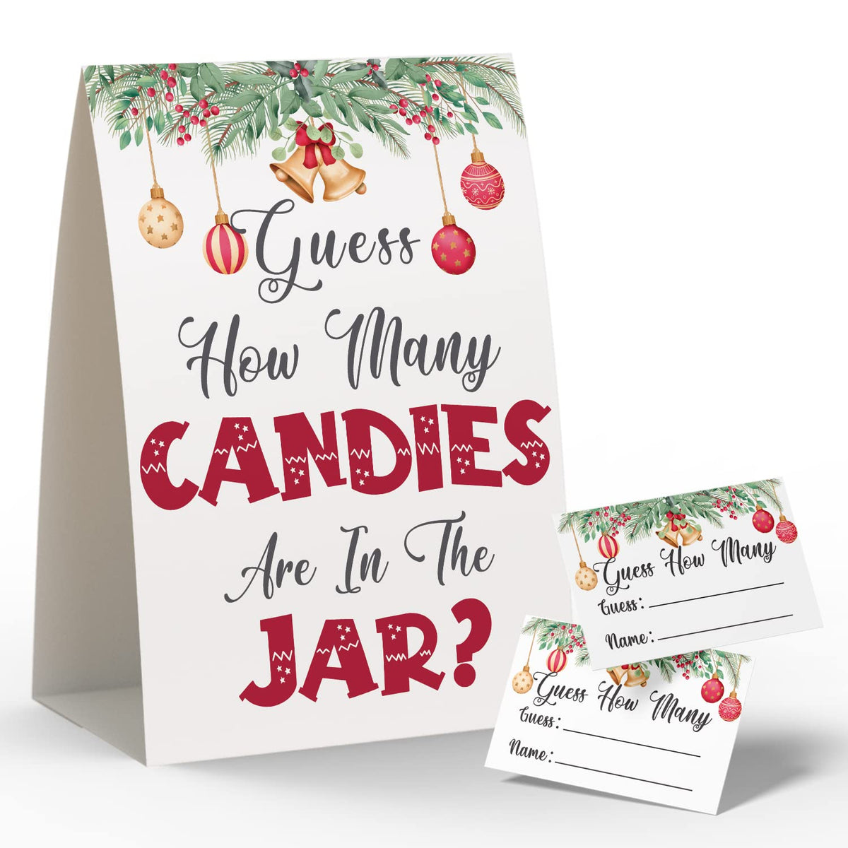 Christmas Party Games - How Many Candies Are In The Jar, 1 Standing Sign + 50 Cards, Christmas Party Ideas, How Many Kisses Game, Christmas Party Games For Kids / Cm001