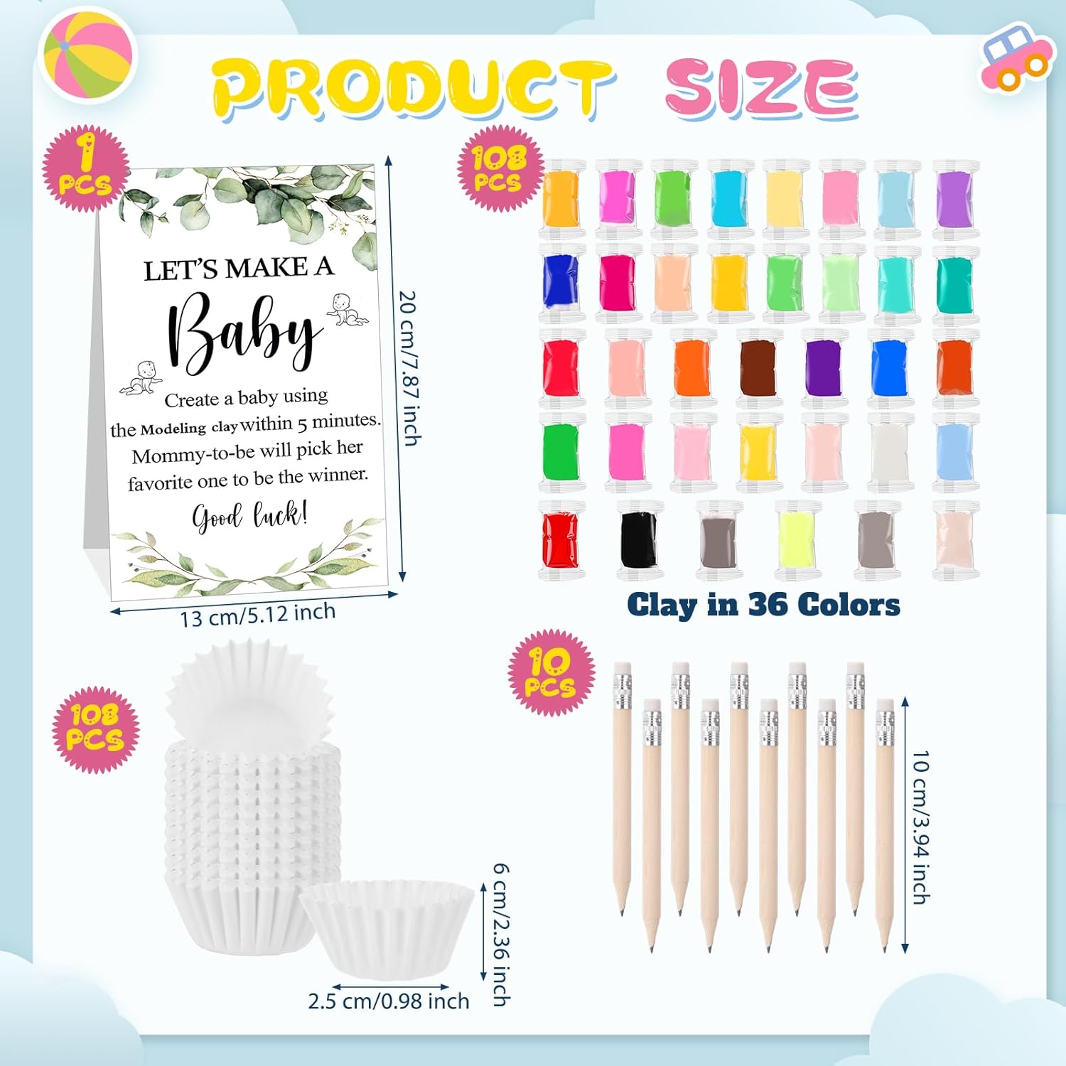 227 Pcs Eucalyptus Funny Baby Shower Games Set Decorations Let'S Make A Baby Modeling Clay Game Sign Kit 108 Modeling Clay 108 Cupcake Liners 10 Pencils For Gender Reveal Game Adult Art Diy