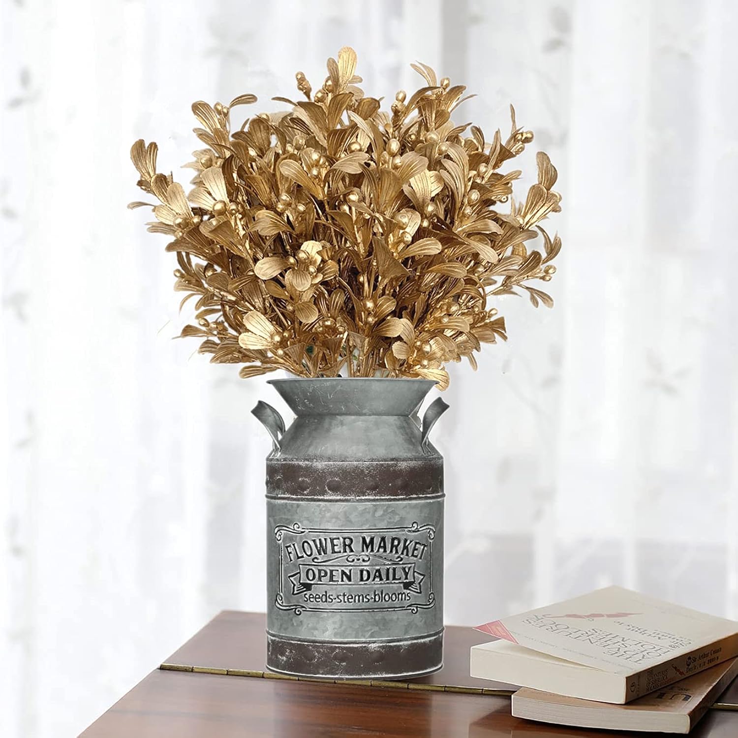 Artificial Flowers Christmas Decor, Golden Leaves Branches Plants Fake Berry Grass For Wedding Bridal Bouquet Party Indoor Diy Home Office Table Centerpieces Arrangements Decoration - Gold 4 Pack
