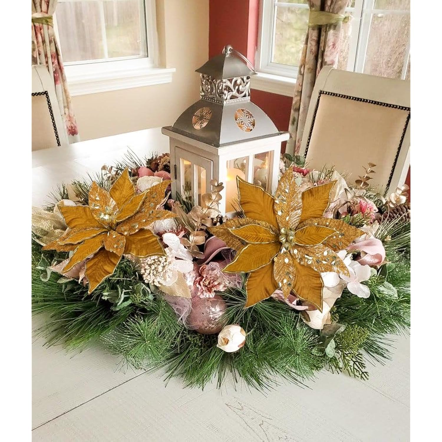 12'' Large Heads Christmas Glitter Poinsettia Flowers Christmas Tree Ornaments Set Of 4 Artificial Flowers With Picks Stems For Xmas Tree Party Diy Holiday Decorations, Chololate