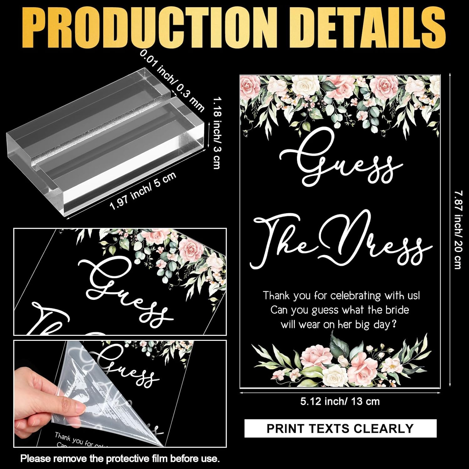 Guess The Dress Bridal Shower Game Acrylic Sign Fun Table Sign 50 Guessing Cards 20 White Acrylic Pens For Guests Wedding Party (Floral)