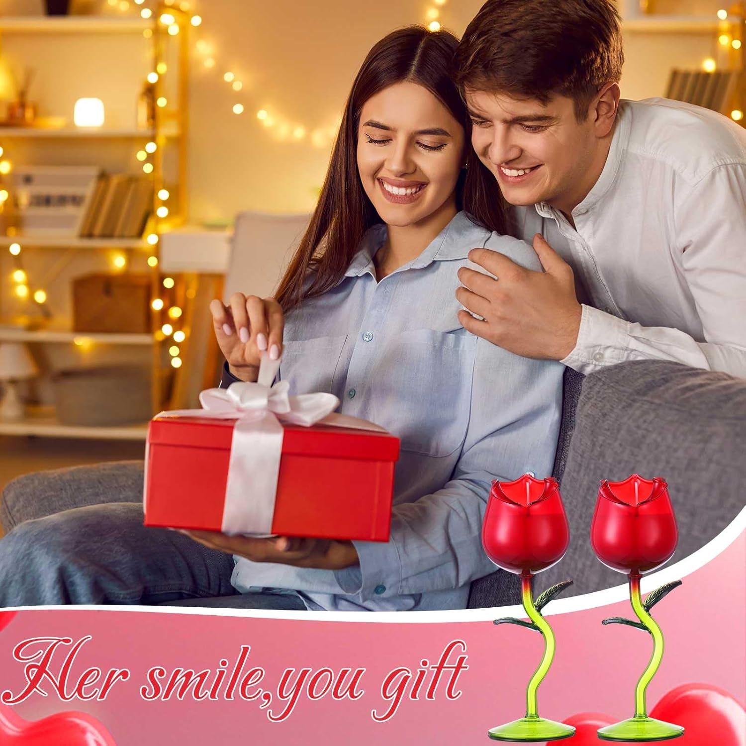 2 Pcs Valentine'S Day Scented Candle Gift For Women Lavender Scented Rose Flower Wine Glasses Candle Soy Candles Gift For Birthday Mother'S Day(Red Rose,Green Color Leaf)