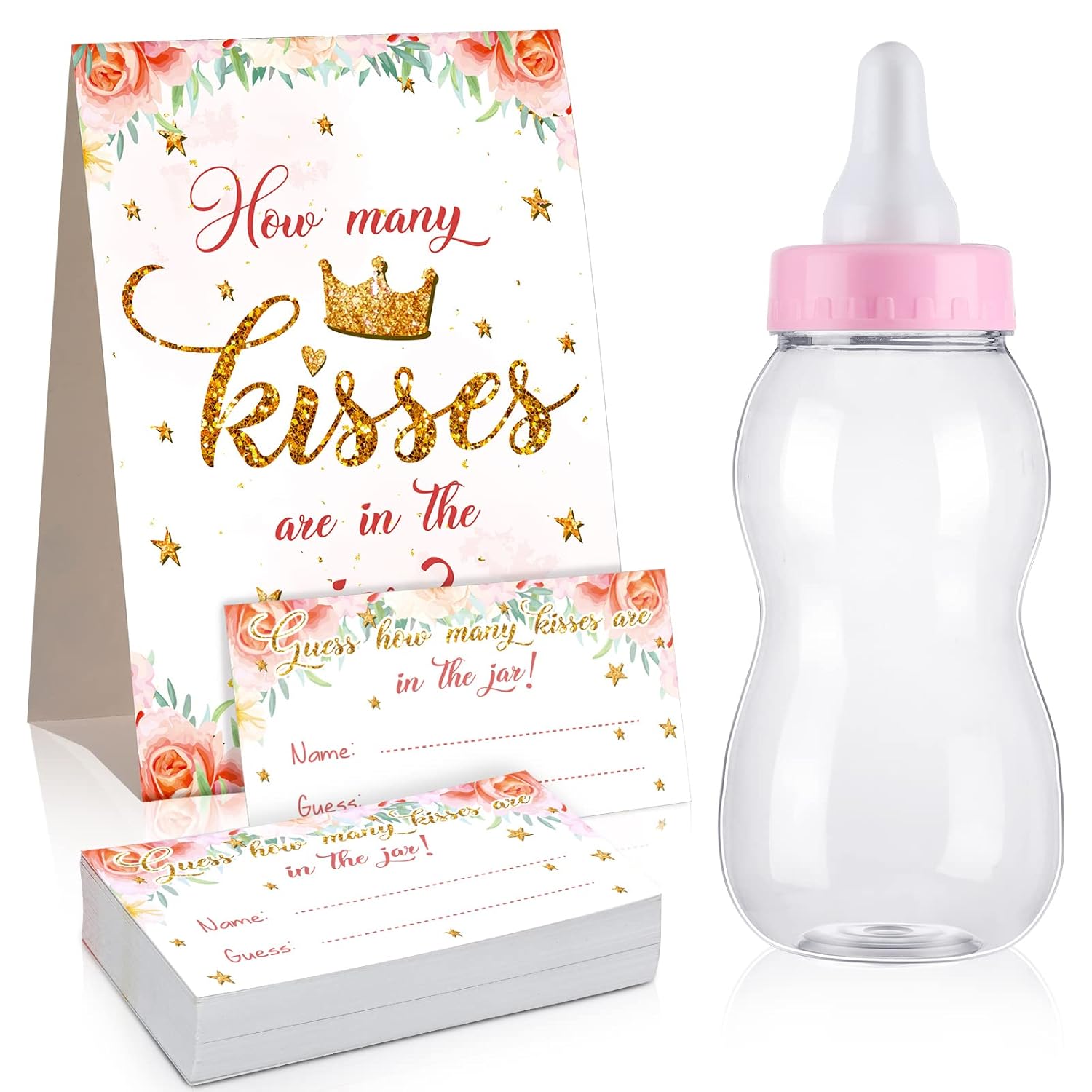 Guess How Many Baby Shower Game Sign With 50 Cards Pink Floral Greenery Big Baby Bottles Decorations 2.76 X 2.76 X 8.27 Inch Giant Bottles For Girl Boy Party Games Favor Gift(Cute Style)