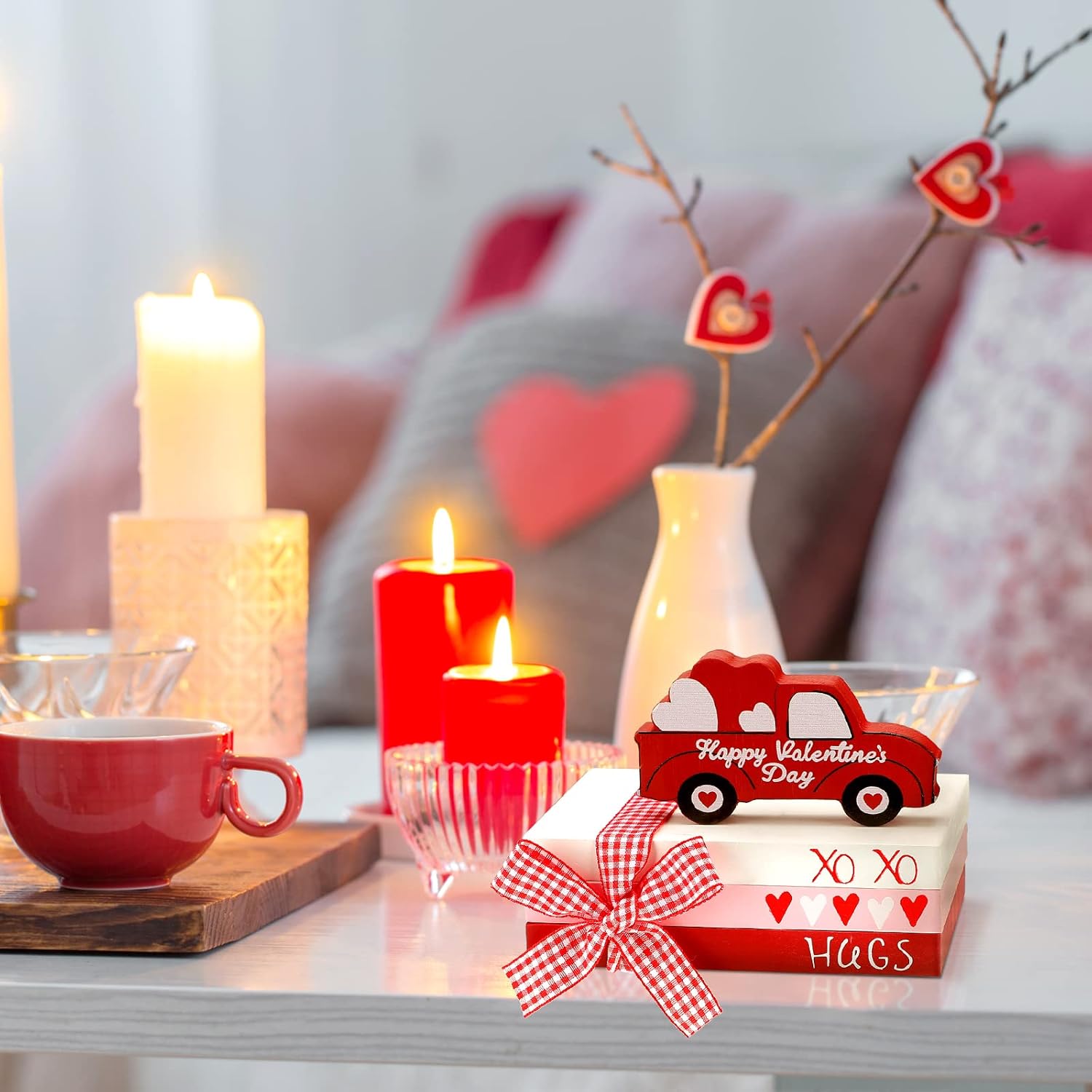 Valentine'S Day Tiered Tray Decorations Faux Books Bundle With Ribbon Red Truck Wood Book Stack Table Decoration Centerpiece Sign For Home Shelf Office Mantel Gift(Truck)
