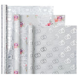 Wedding Wrapping Paper Roll - Mini Roll - 3 Rolls - 17 Inch X 120 Inch Per Roll - Silver Foil Diamond Ring And Floral Design For Celebration, Party, Holiday