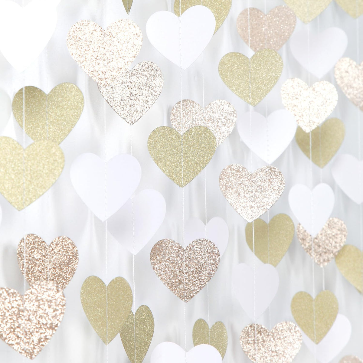White-Gold Champagne Bachelorette Party Decorations - 52Ft Birthday Heart Hanging Paper Streamers-Garland Banner,Engagement Wedding Neutral Baby Bridal Shower Supplies Decor