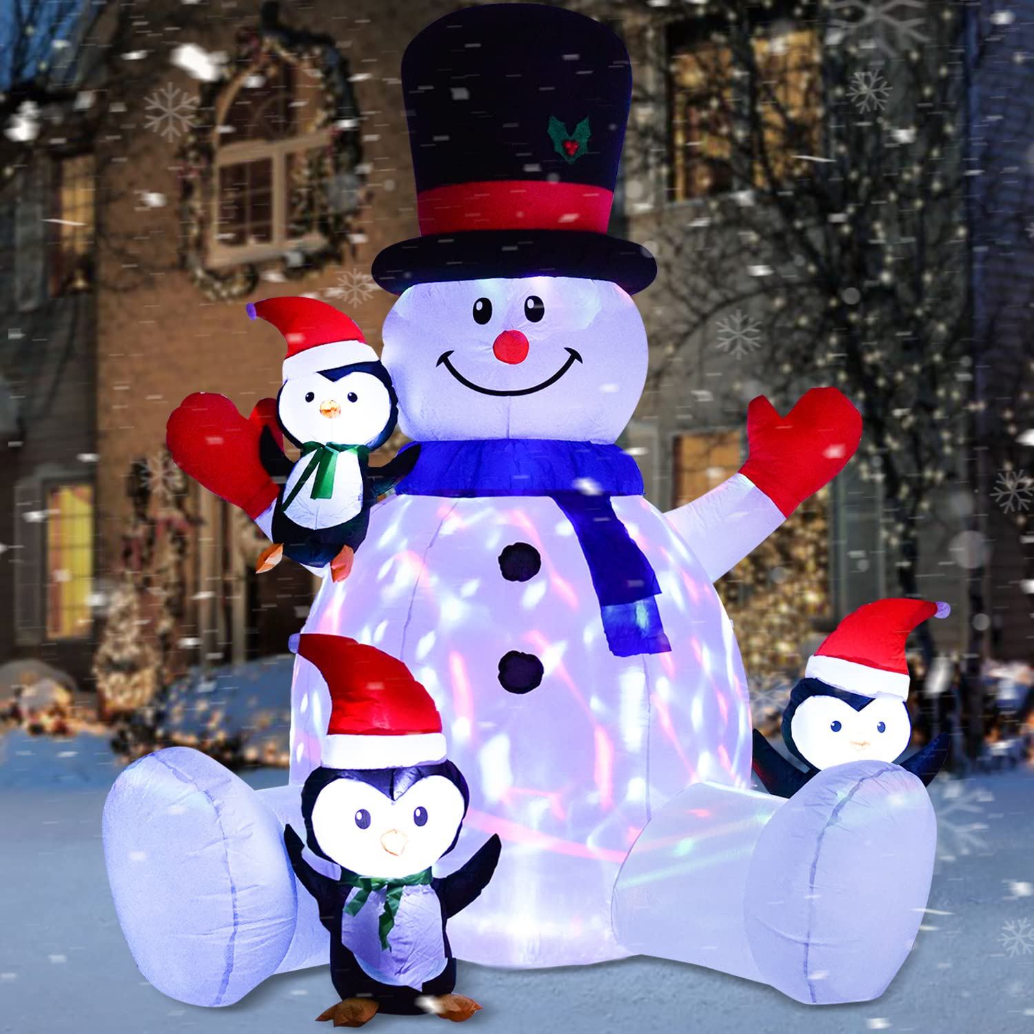 7Ft Inflatable Christmas Snowman With Penguins, Rotating 7 Color Changing Led Lights And 3Led Lights Xmas Holiday Blow U
