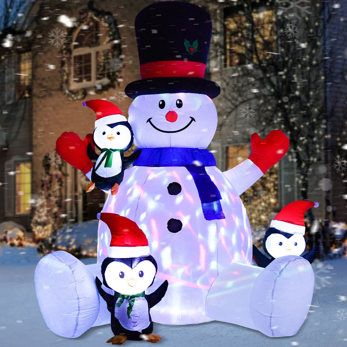 7Ft Inflatable Christmas Snowman With Penguins, Rotating 7 Color Changing Led Lights And 3Led Lights Xmas Holiday Blow U
