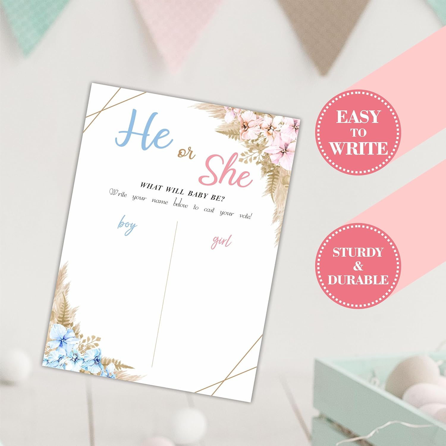 11"X 15" Gender Reveal Signature Voting Sign, Boho Floral Guess He Or She Game For Baby Shower Party, What Will Baby Be Self-Standing Sign, Party Supplies Kit & Decorations-Qmb-B01