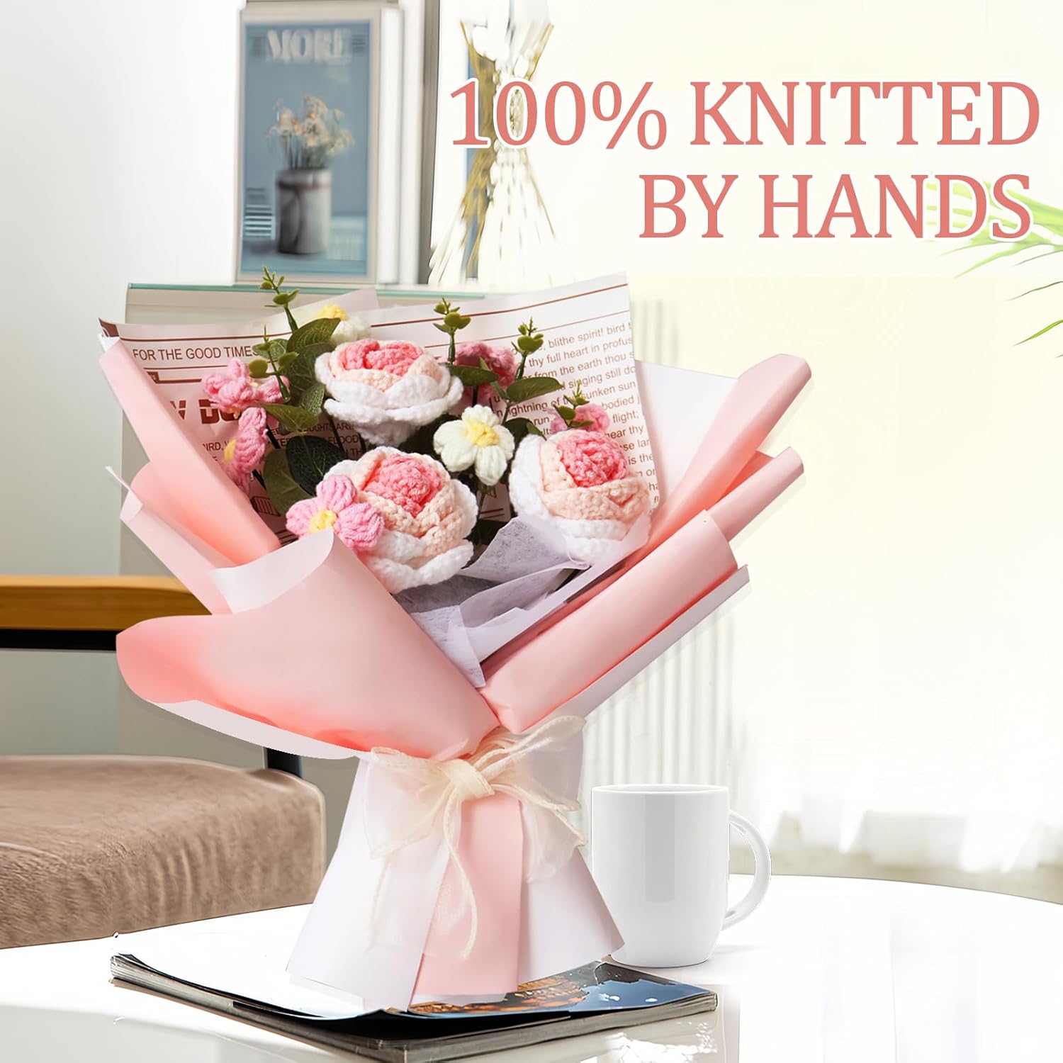 Crochet Handmade Rose Artificial Flowers, Finished Hand Woven Flowers Bouquet, Faux Plants Home Table Wedding Party Office Decor, Great Gifts For Mother'S Day Valentines Day Birthday (Pink)