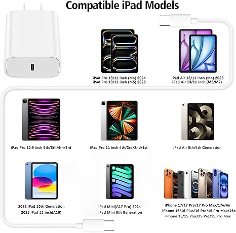 20W USB C Fast Charger with 6FT USB C Cable for iPad Pro iPad Air iPad Mini iPhone 17 16 15 Fast Charging Adapter