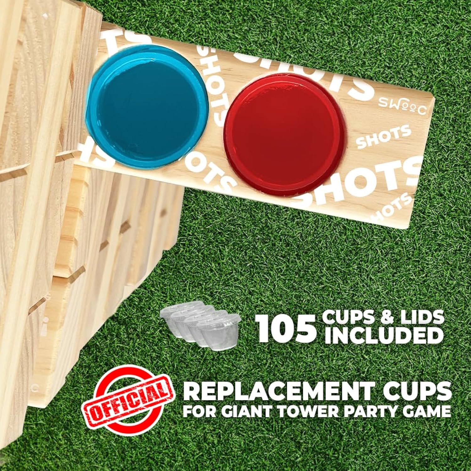 Games – 105 Extra/Replacement Gelatin Shot Cups & Lids For Giant Tower Party Game – Clear Plastic & Leak Proof - Perfect Size For Hidden Shot Blocks - Tipsy Topple Game For Adults - Block Games