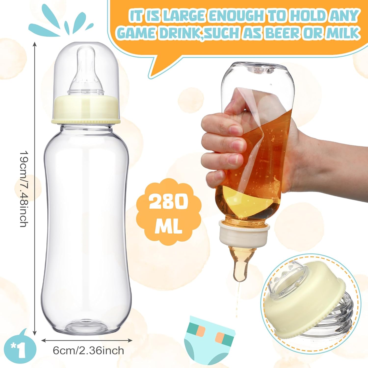6 Sets Funny Plastic Bottle Chug Baby Shower Games Juegos Para Plastic Baby Bottles Disposable Diapers Gender Reveal Race Gifts Diaper Feed Me Game Decoration For Boys Girls (Transparent White)