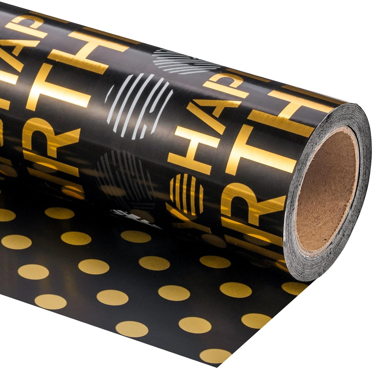 Reversible Birthday Wrapping Paper Roll - Mini Roll - 17 Inch X 16.5 Feet - Black Gold Happy Birthday Wrapping Paper Perfect For Adults Kids Girls Boys, Baby Shower