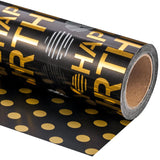 Reversible Birthday Wrapping Paper Roll - Mini Roll - 17 Inch X 16.5 Feet - Black Gold Happy Birthday Wrapping Paper Perfect For Adults Kids Girls Boys, Baby Shower