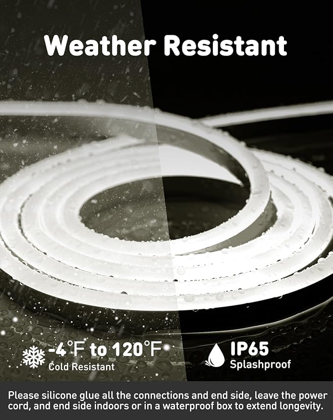 50FT 4500K Neutral White LED Neon Rope Lights 120V Cuttable Connectable Waterproof Strip