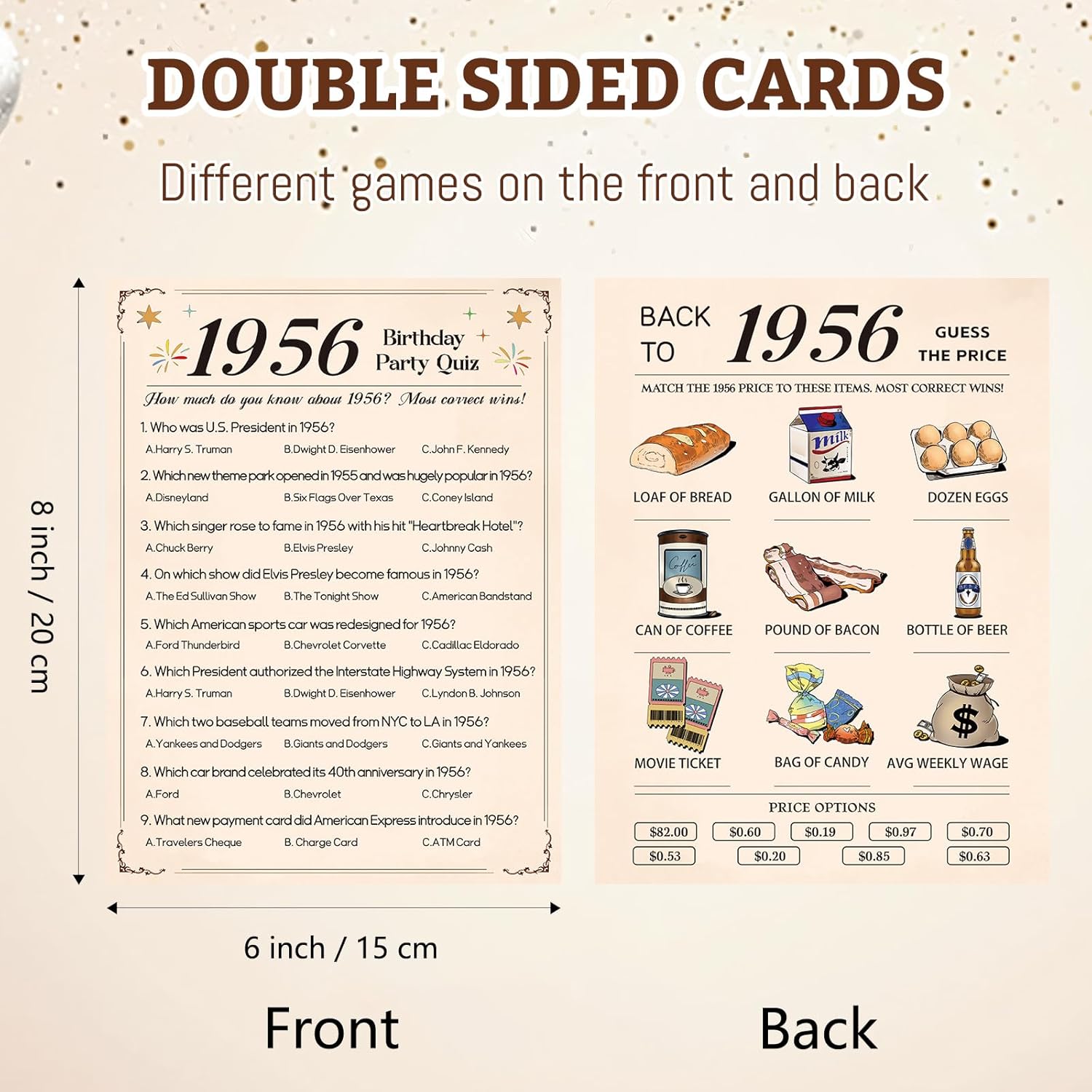 70Th Birthday Party Games, 1956 Quiz & Guess The Price Game Cards, 70Th Birthday Party Supplies For Men Women, Pack Of 30 Cards