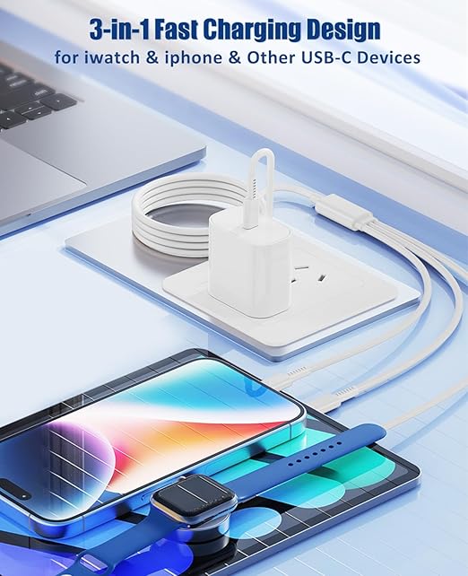 3 in 1 Fast Charging Cable with 20W USB C Charger 6FT for Apple Watch iPhone