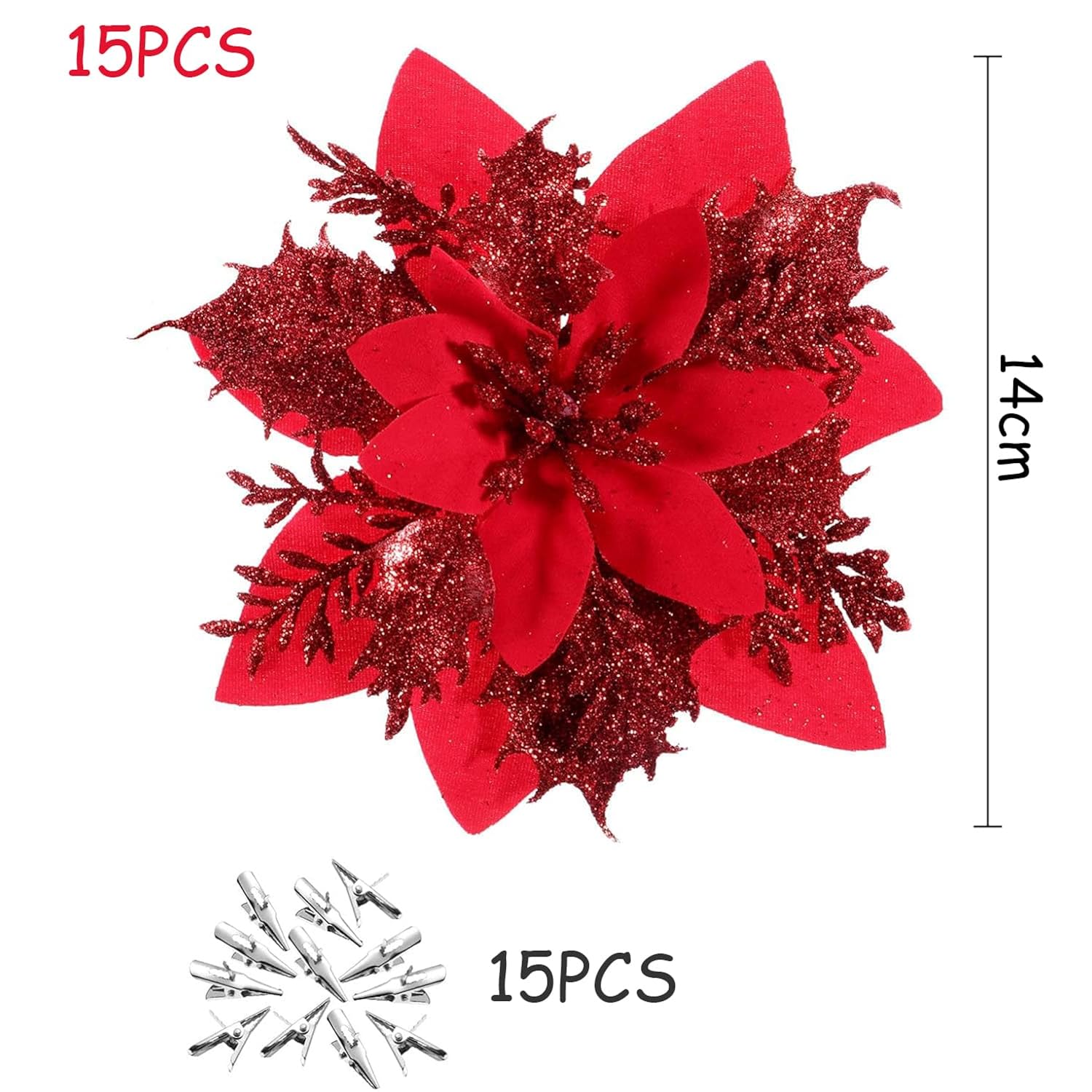 15 Pcs Poinsettia Flowers Artificial Poinsettia,Christmas Decorations Poinsettias Artificial Christmas Flowers,Christmas Tree Flower Decorations With Stems Diy Xmas Wreath New Year Party Ornament