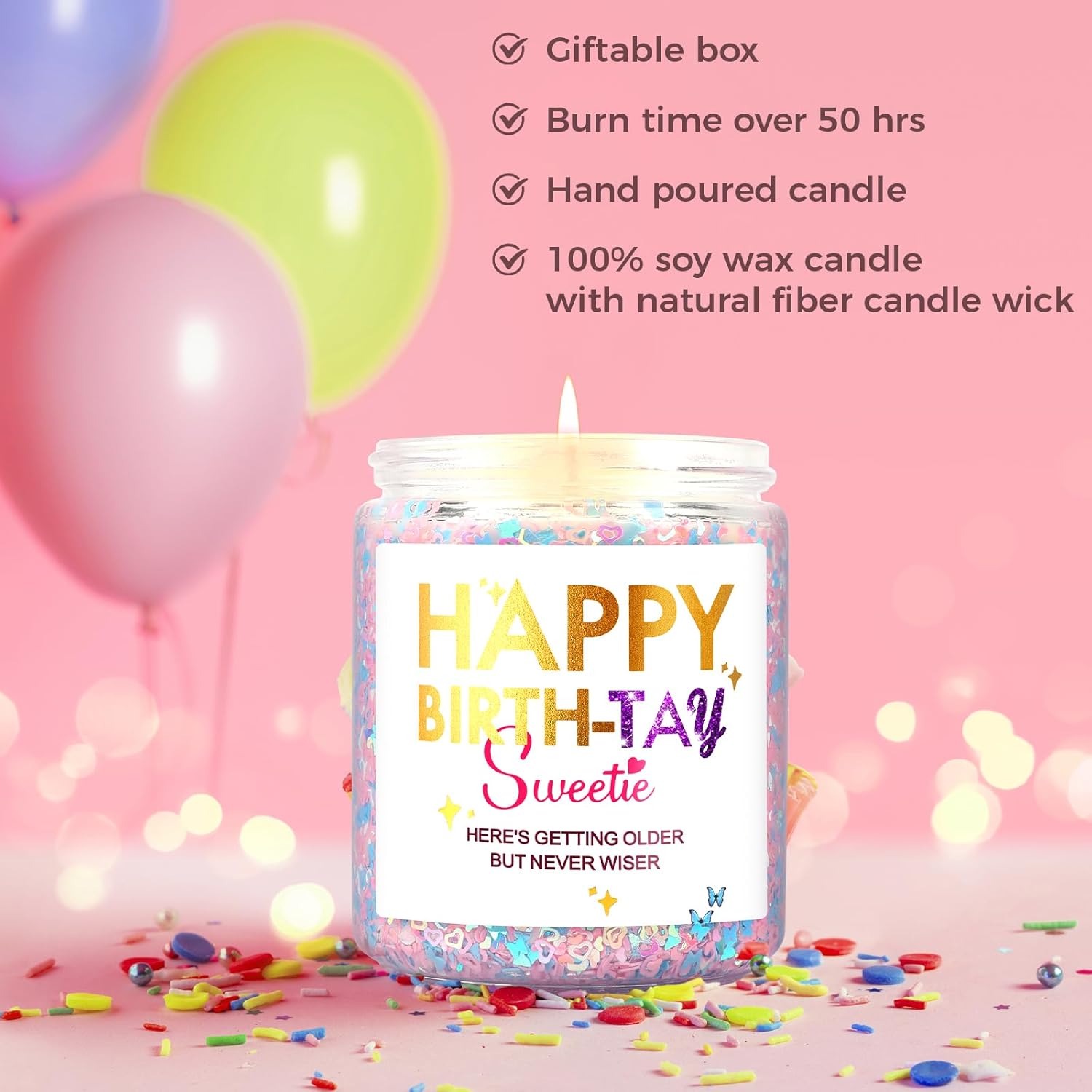 Happy Birth-Tay Pink, Butterfly Vanilla Soy Candle, Ideal Gift For Christmas, Birthday Gifts For Girls, Sister, Women Merch- 8Oz