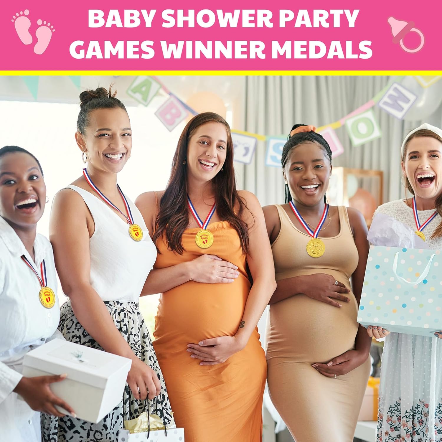 6 Pcs Baby Shower Winner Medals With Ribbons 2.35 Inch Gold Prize Medals For Games, Printed 'Baby Shower Winner' & Little Feet, Party Favors, Guest Awards, Gender Neutral Decorations(Pink)