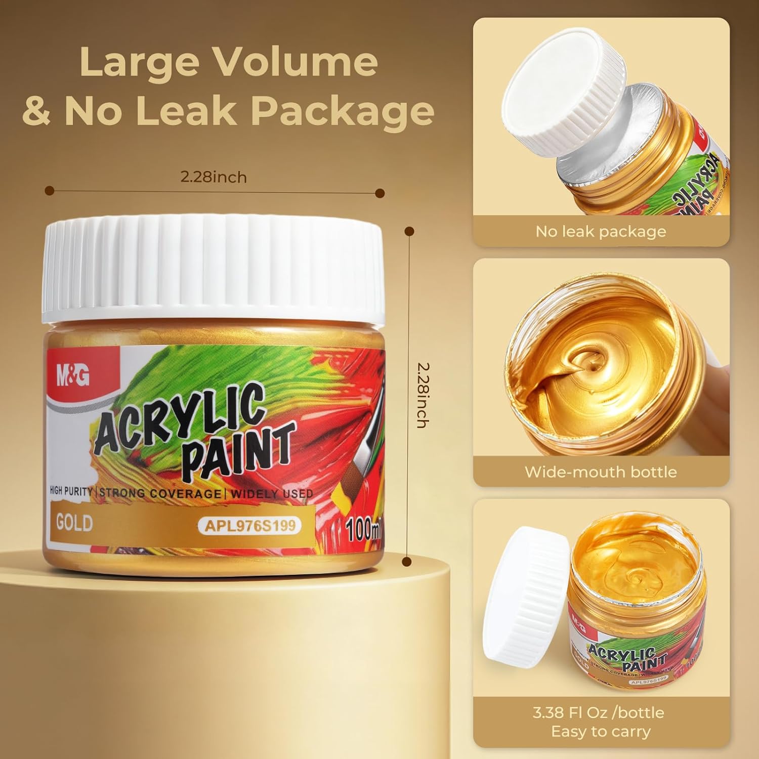 Acrylic Paint Metallic Gold 100Ml (3.38 Fl Oz), Non Toxic, Non Fading, Art Craft Paints For Canvas Wood Clay Fabric Craft Supplies