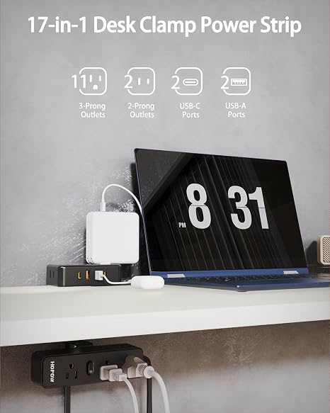 Desk Clamp Power Strip 13 Outlets 4 USB Ports 1700J 10FT Extension Cord Black