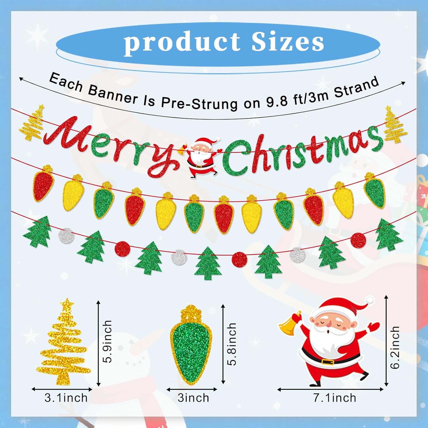 Merry Christmas Banner,Glitter Pre-Strung Red Green Gold Christmas Banner,Xmas Tree Garland For Christmas Party Decorations Supplies,Holiday Decor,Indoor,Outdoor,Home,Office, Classroom,Fireplace,Wall