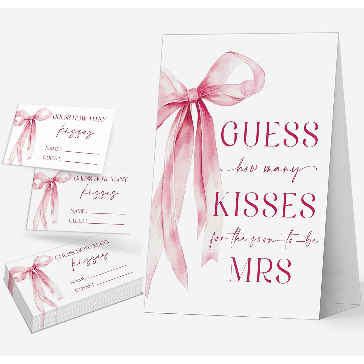 Pink Bow How Many Kisses Bridal Shower Game, Bachelorette Party Games, Bridal Party Games, Couples Shower Table Decorations, Wedding Engagement Party Decor, Bachelorette Party Night Supplies