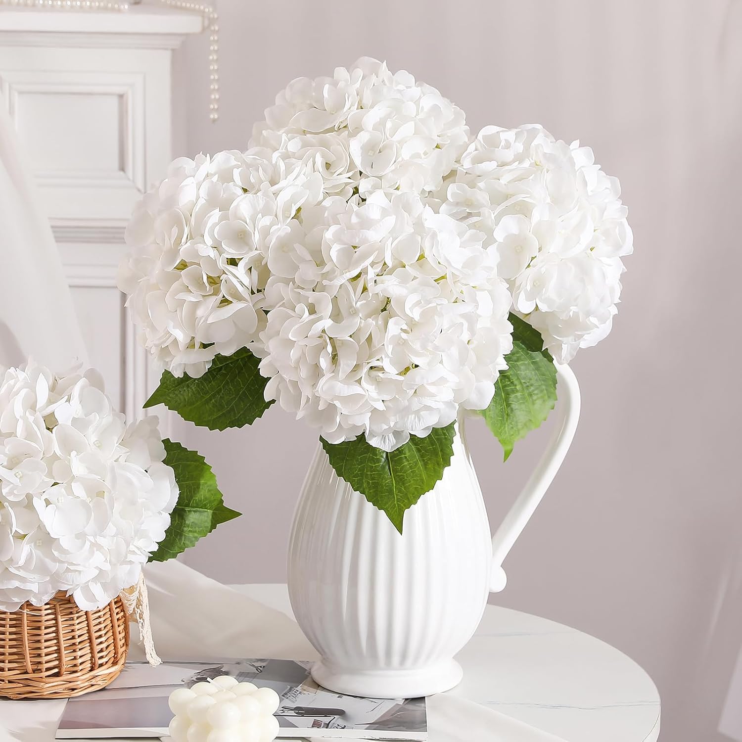 White Hydrangea Artificial Flowers - 3Pcs 22.44In Large Faux Hydrangea Flowers, Latex Real Touch Flowers Fake Hydrangeas For Home Decor Wedding Party Centerpieces Floral Arrangements