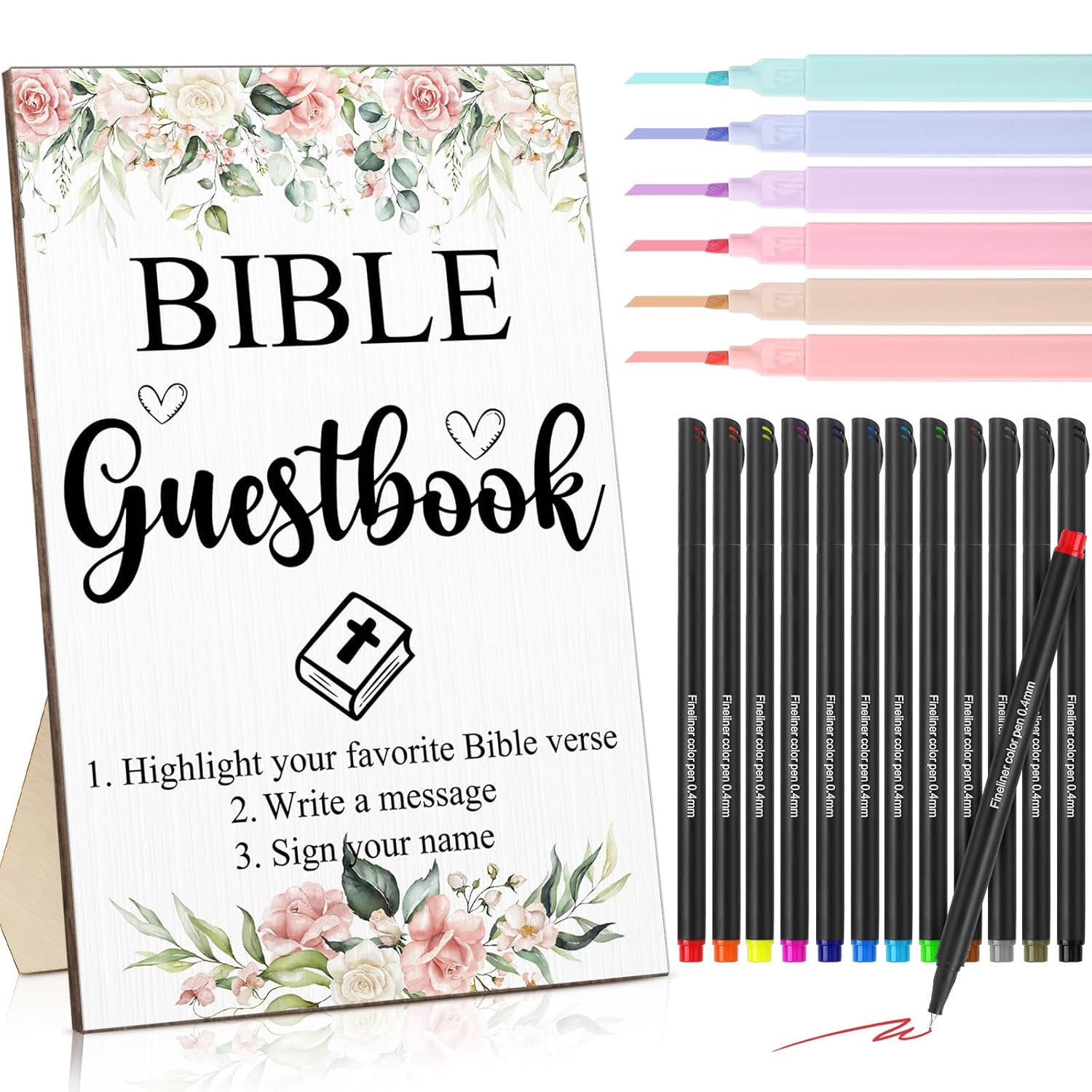 19 Pcs Bible Wedding Guestbook Sign And Pens Set Greenery Wooden Standing Bible Guest Book Sign 6 Highlighters 12 Fine Point Pens For Baby Shower Bridal Shower Party (Flower)