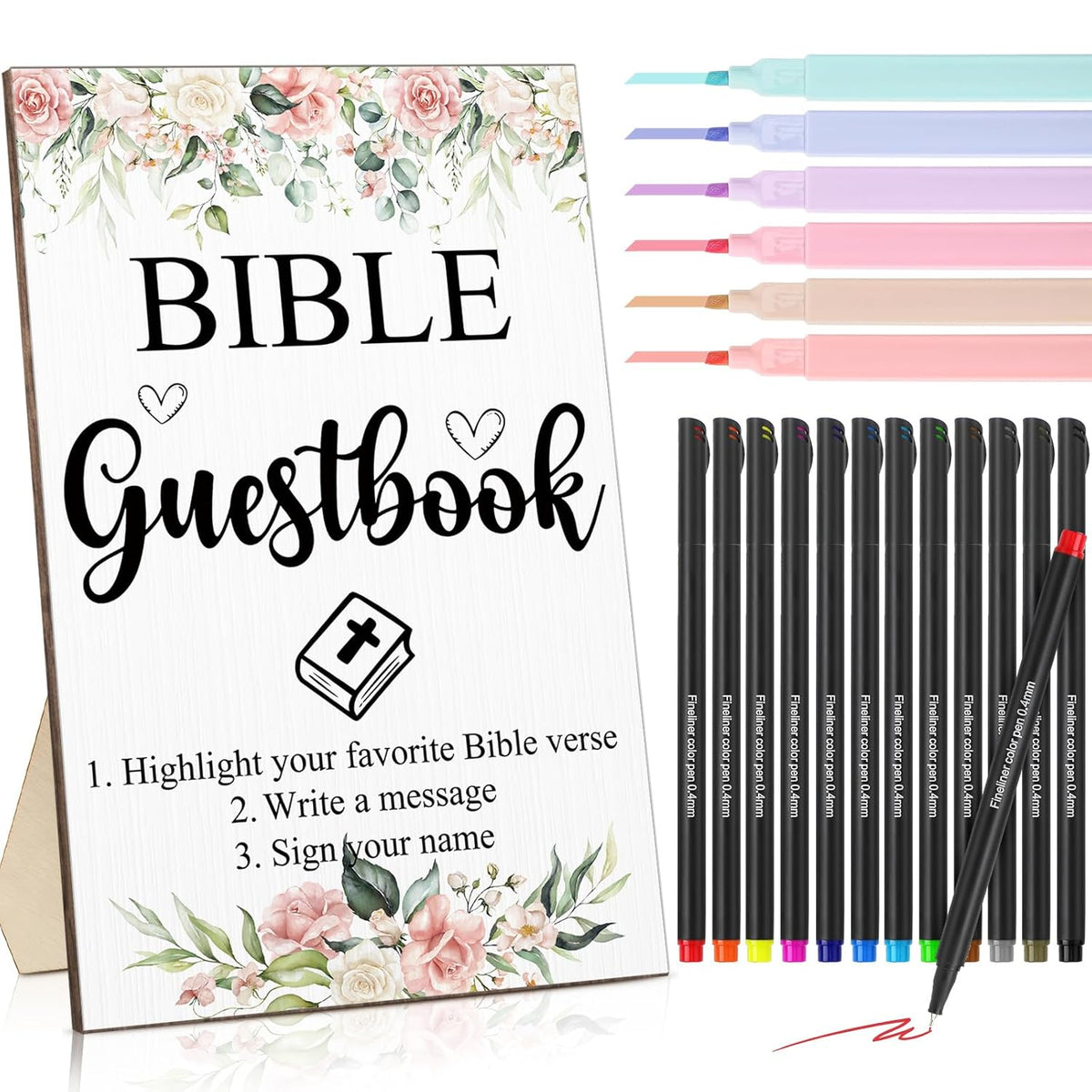 19 Pcs Bible Wedding Guestbook Sign And Pens Set Greenery Wooden Standing Bible Guest Book Sign 6 Highlighters 12 Fine Point Pens For Baby Shower Bridal Shower Party (Flower)