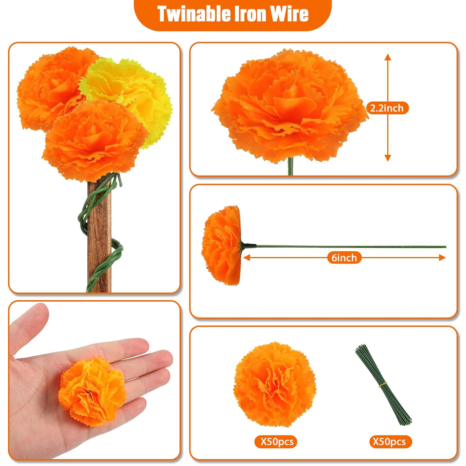 Artificial Marigold Flowers - 50 Pcs Halloween Decoration Orange Marigold Head Silk Fake Paper Flowers Garland Dia De Los Muertos Decor For Festival Backdrop (Orange)