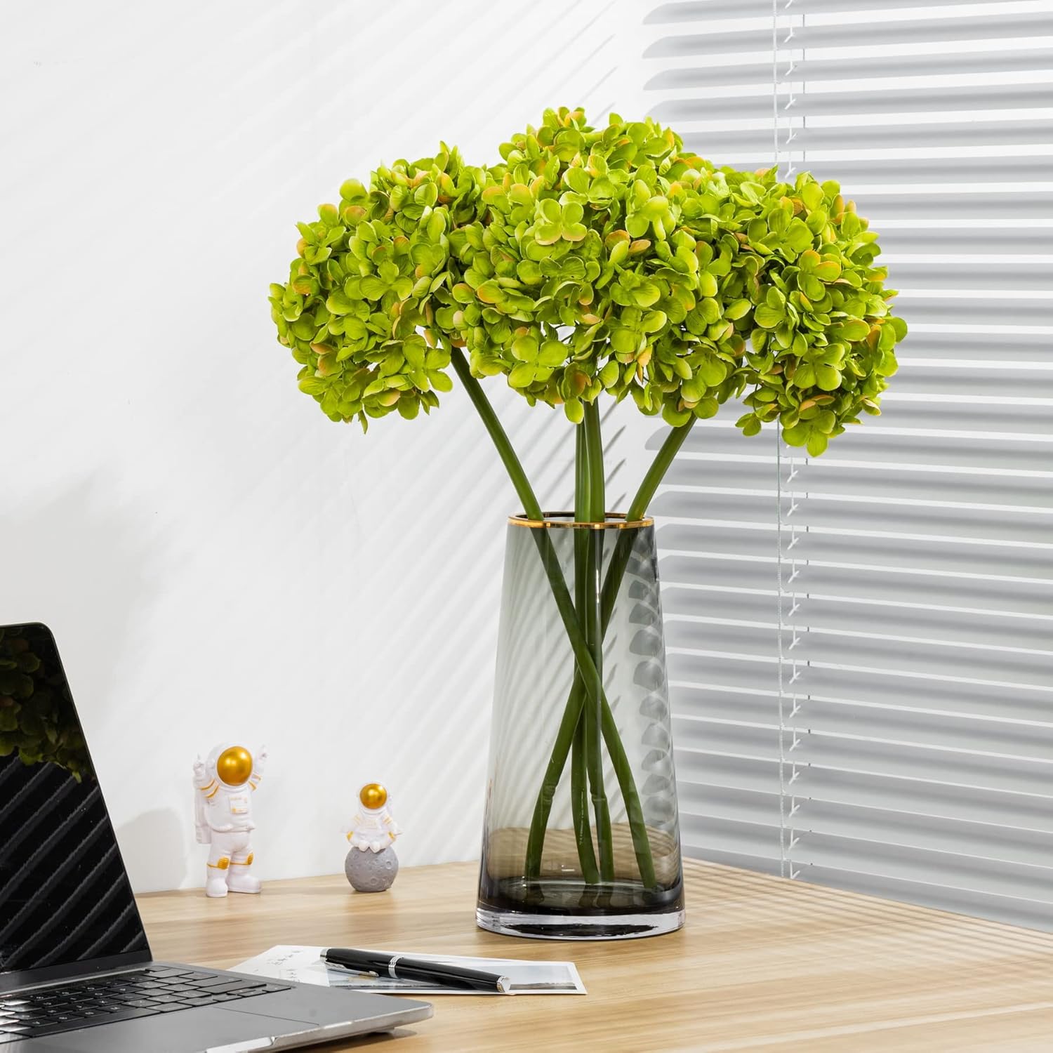 High Details Hydrangea Silk Flowers (About 225 Petals Each Flower), Artificial Hydrangea Flowers, Green Silk Hydrangea Flowers Pack Of 4 (Green)