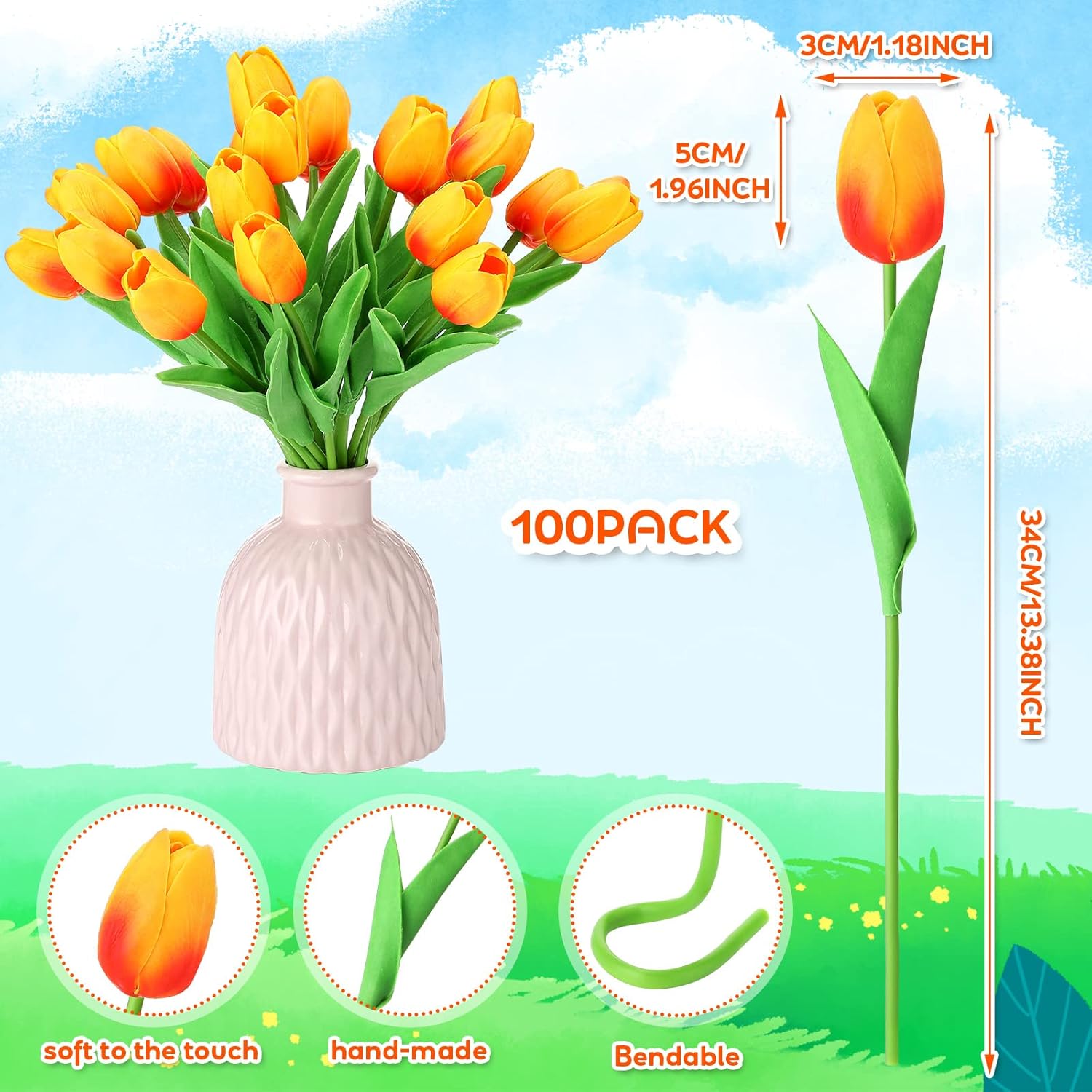100 Pcs Artificial Real Touch Tulips Fake Artificial Tulip Flower Bulk Bouquet With Stem For Table Centerpieces Wedding Bridal Easter Mother'S Day Garden Home Decor, 13.4''(Sunset Red)