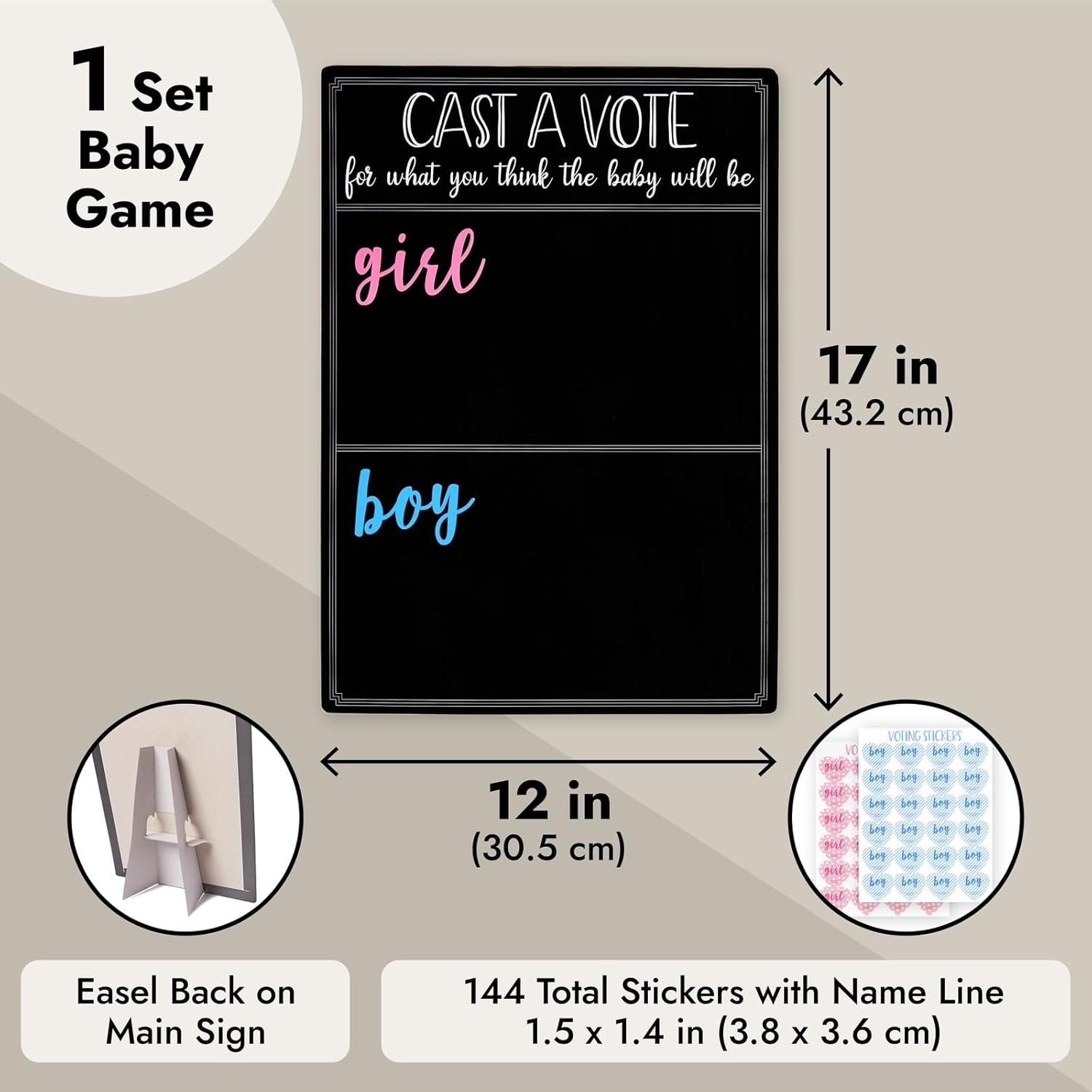 Boy Or Girl Voting Board - Interactive Gender Guessing Board - Classic Black Chalkboard Baby Shower Decoration - Easy Tabletop Display For Baby Shower Games - Black, 12 X 17 In, 144 Stickers