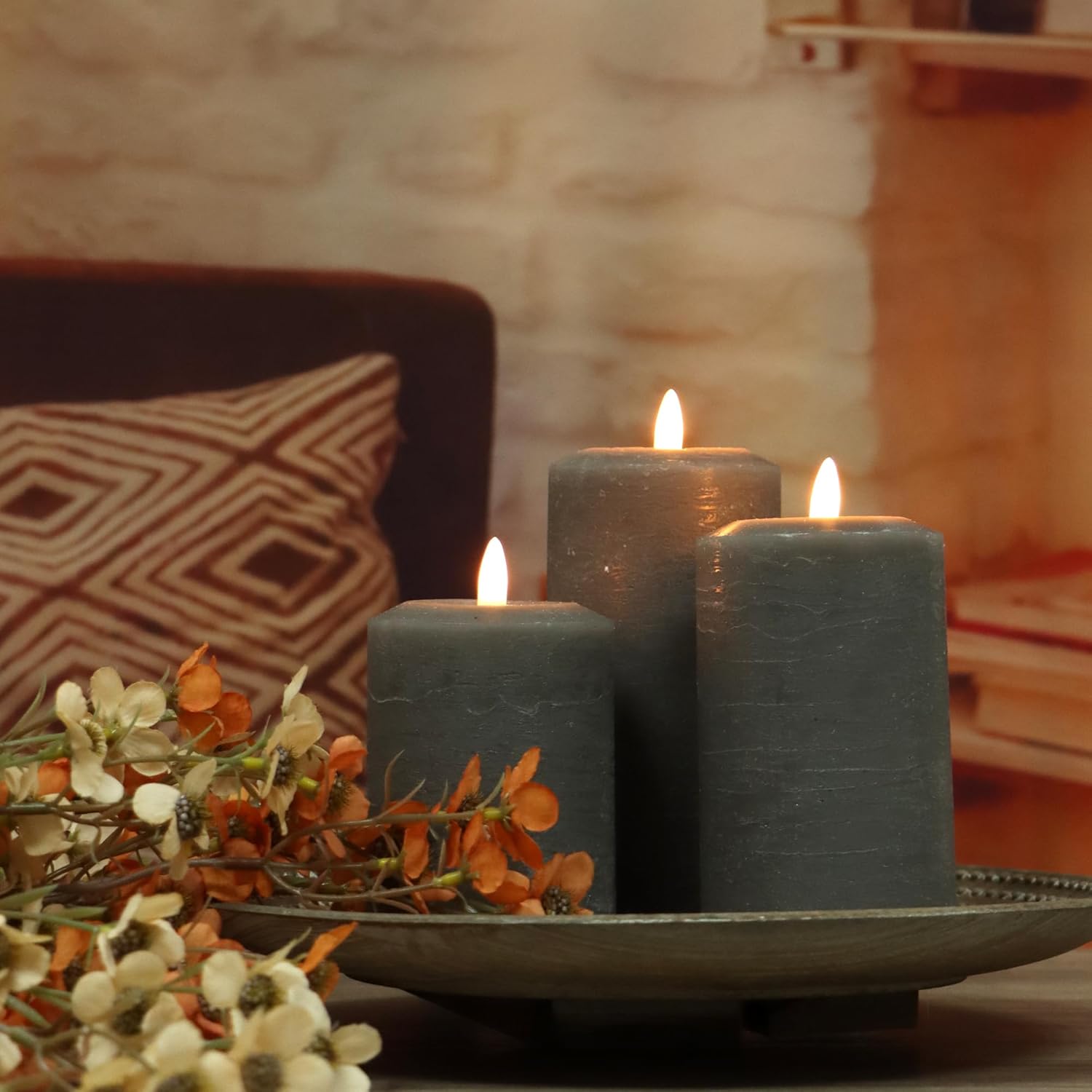 3"X4" 5" 6" Flameless Flickering Led Candles Real Wax Pillar Candles Battery Operated Electric Led Lights With Remote For Home Decorations Wedding Party, Grey, Set Of 3