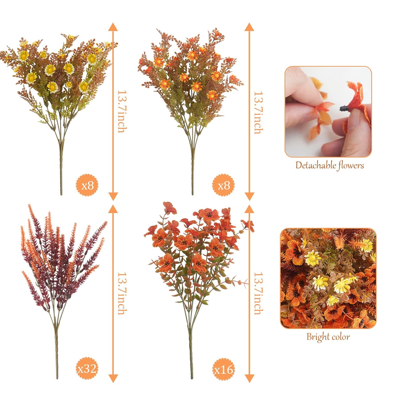 64Pcs Fall Artificial Flowers Outdoor Uv Resistant Faux Plastic Autumn Plants No Fade Fall Orange Mums For Home Outside Garden Window Box Wedding Party Fall Decor