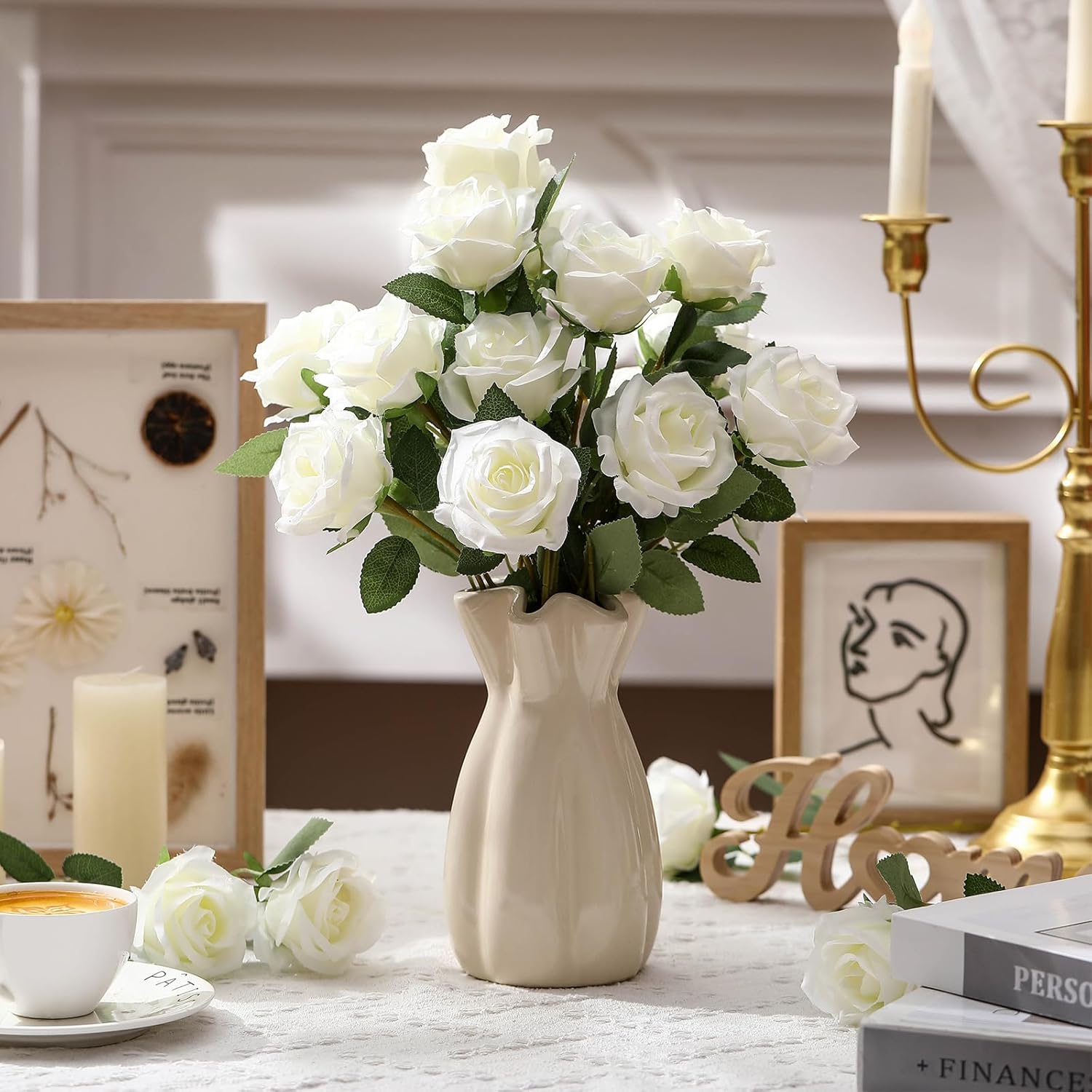 30 Pcs Rose Artificial Flowers In Bulk Real Touch Long Stem Silk Roses Bouquets Realistic Faux Flowers For Wedding Bridal Shower Home Decor Floral Arrangements Table Centerpiece(White)