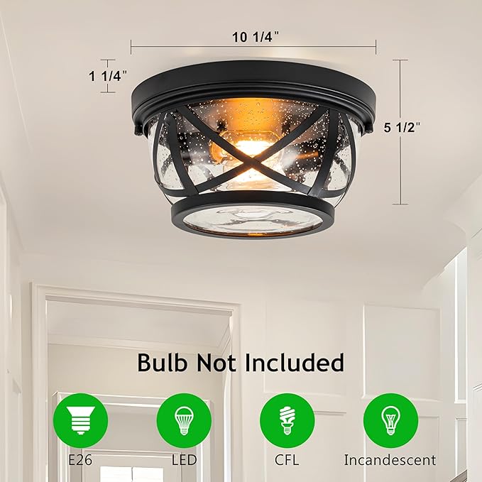 2 Light Black Farmhouse Ceiling Light with Seeded Glass Flush Mount Fixture